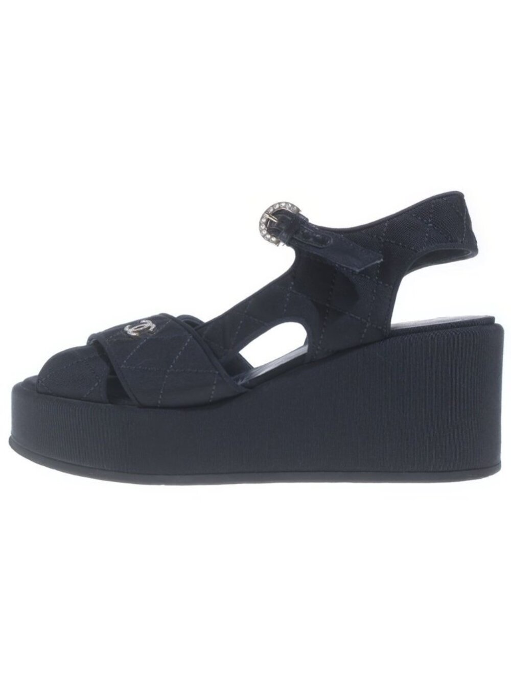 Chanel CC Logo Wedge Sole Sandals Thick Black